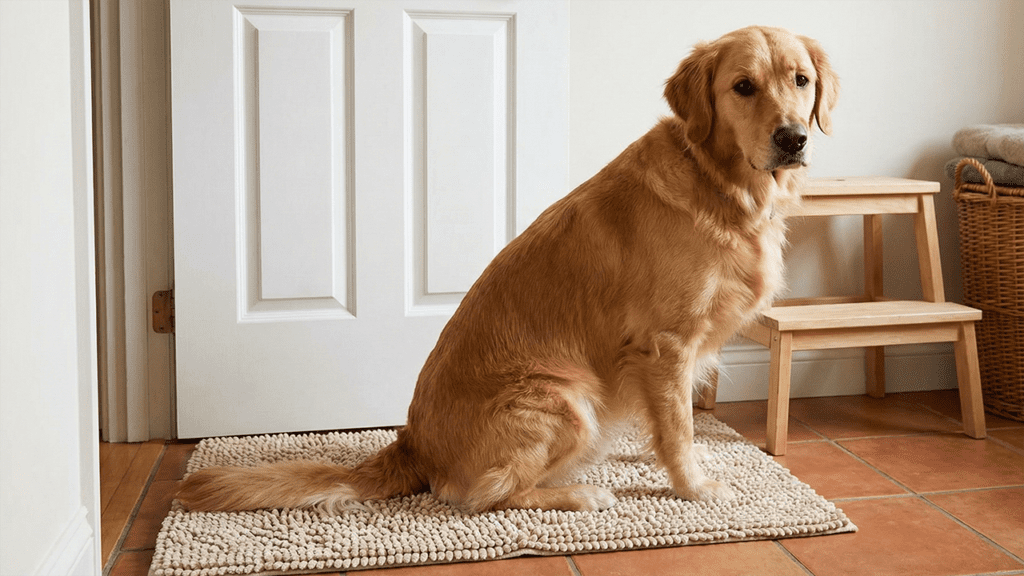 hond zit op de uitkijk terwijl baasje op toilet zit