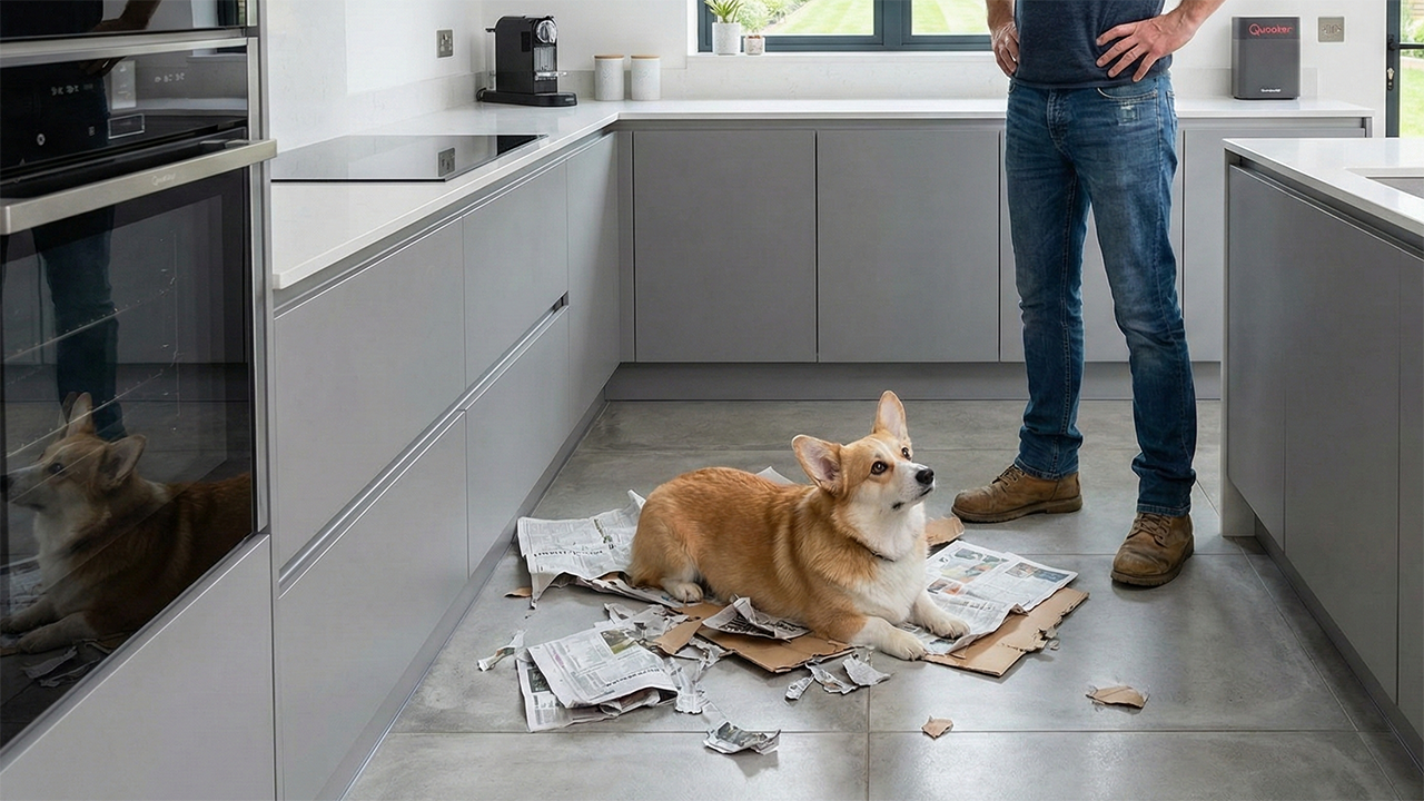 Hond kijkt schuldig na verscheuren krant