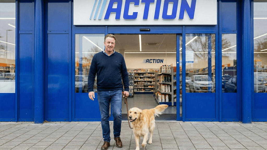 baasje loopt met hond uit de action na kopen trainingssnacks