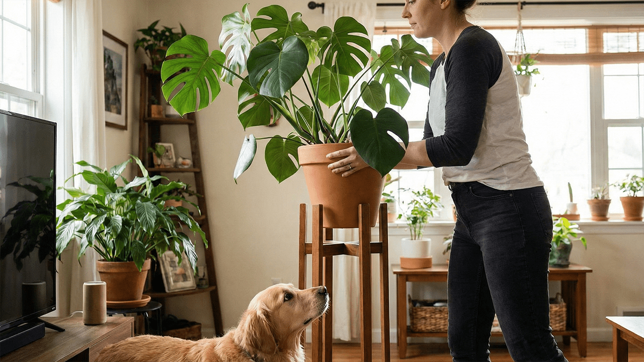 vrouw zet giftige plant weg voor hond