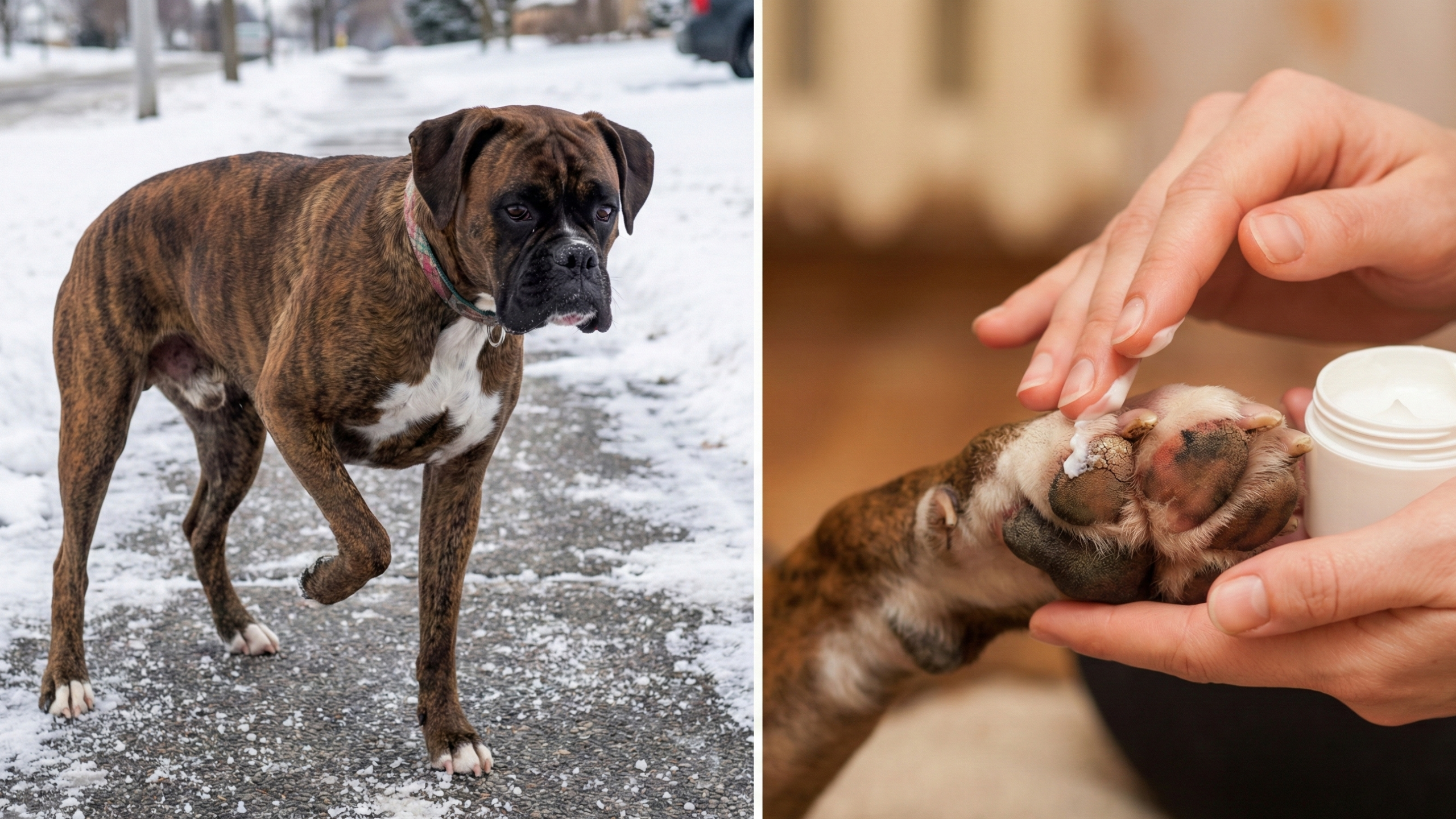 hond in sneeuw met zout aan poten