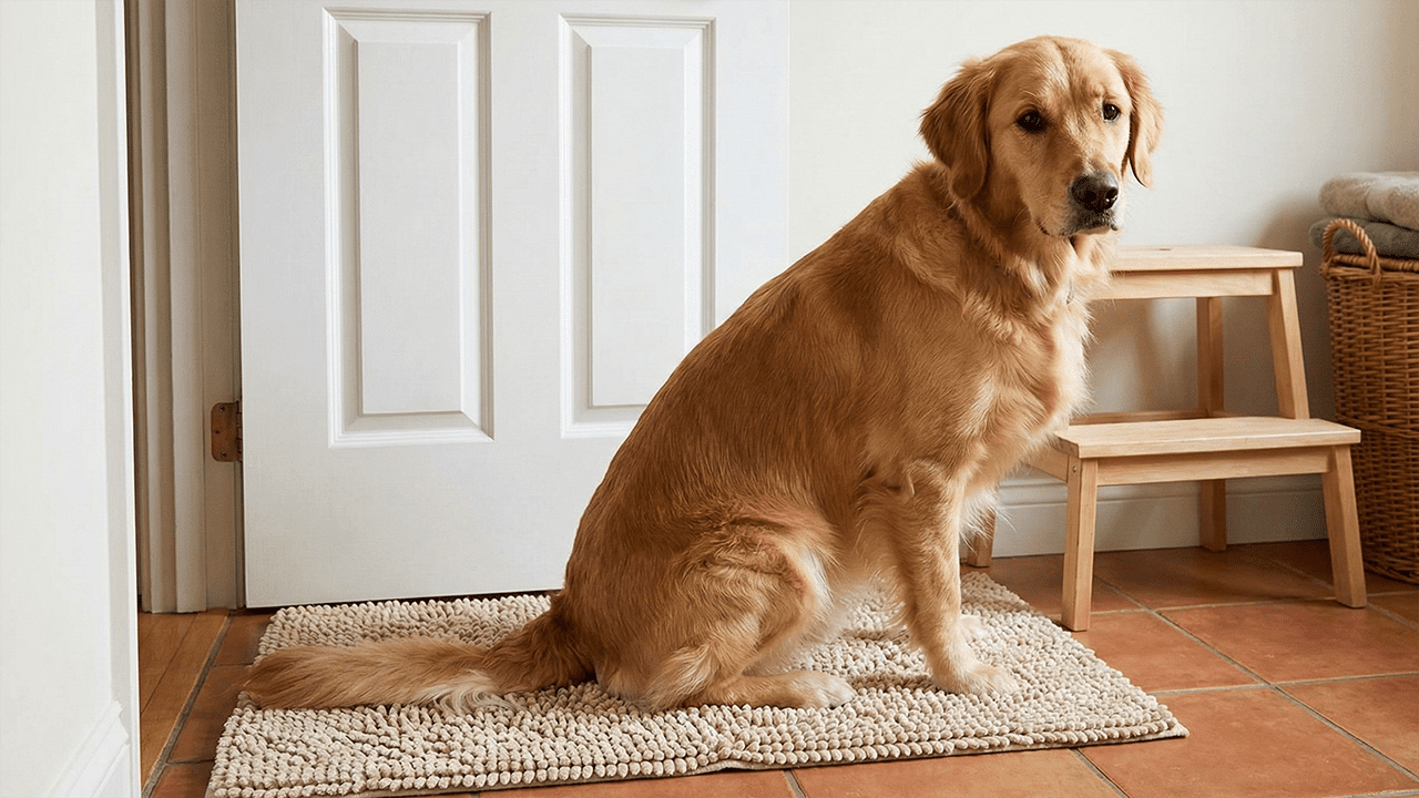 hond zit op de uitkijk terwijl baasje op toilet zit