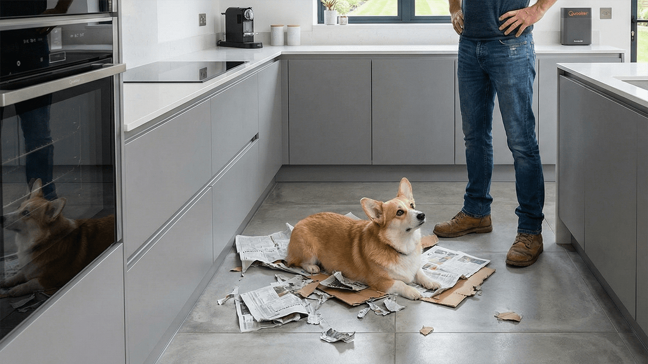 Hond kijkt schuldig na verscheuren krant