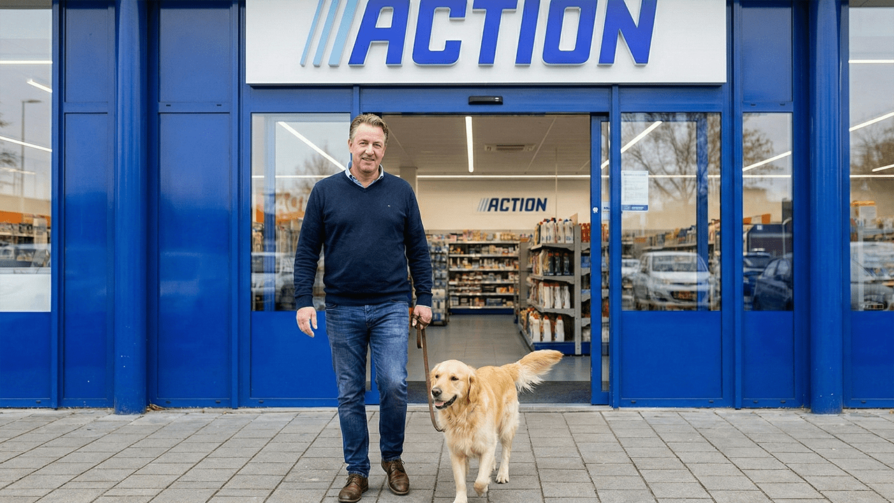 baasje loopt met hond uit de action na kopen trainingssnacks