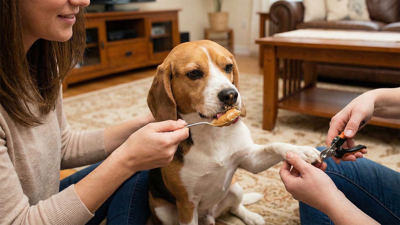 pindakaas_voor_hond_tijdens_nagels_knippen